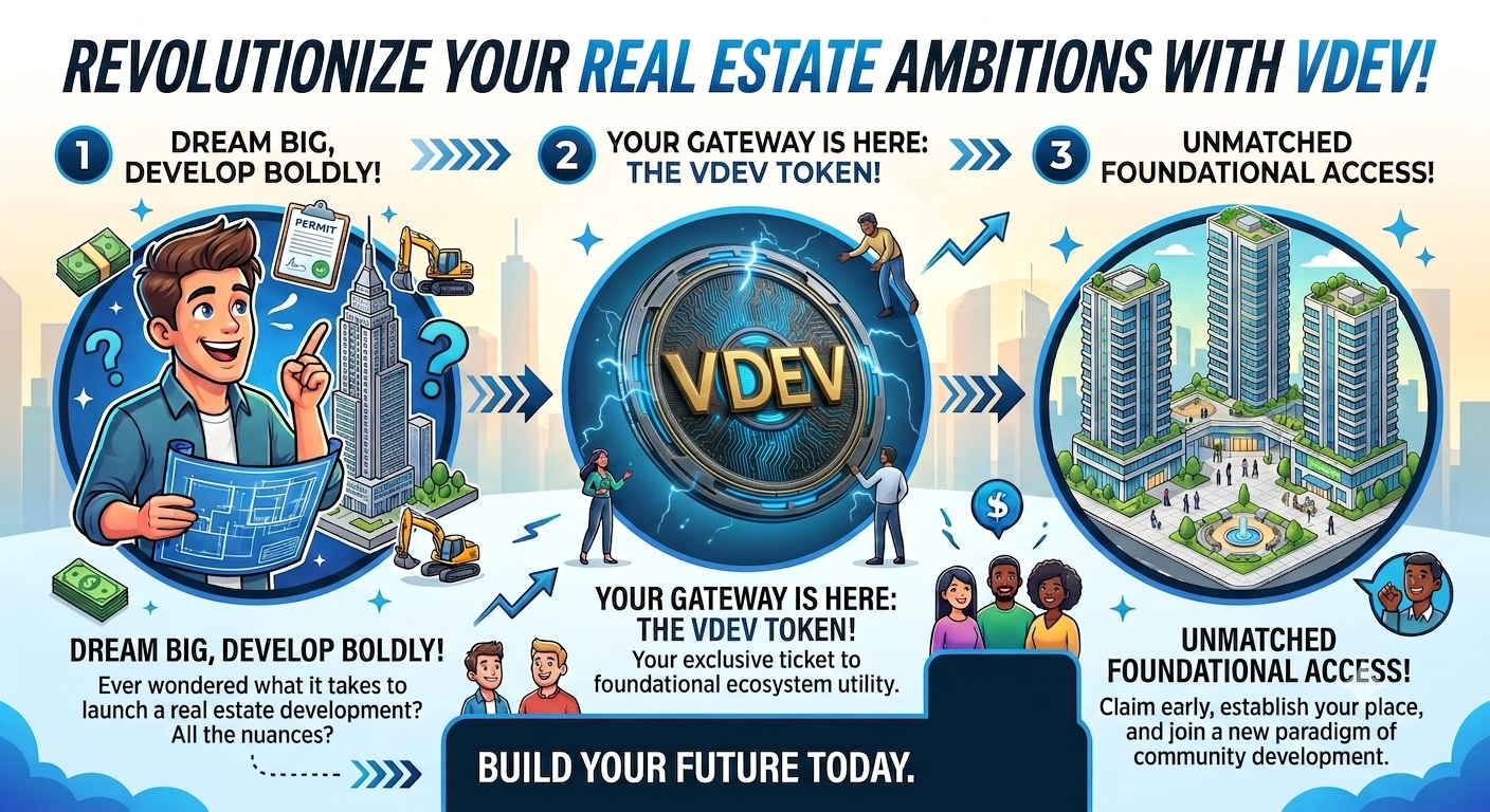 VDEV: The Definitive Real Estate & Developer Simulator — three-step visual: dream big and develop boldly, the VDEV token as your gateway, and unmatched foundational access.